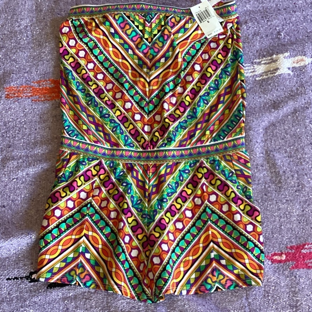 NWT-TRINA TURK Peruvian Romper Swim Suit Cover Up Strapless Summer Colorful Sz S